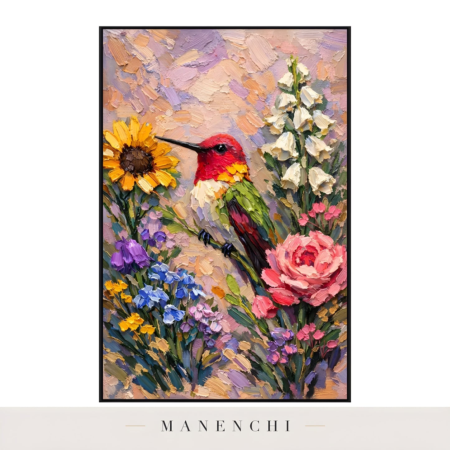 Hummingbird Garden Symphony abstract painting displayed in framed art mockup