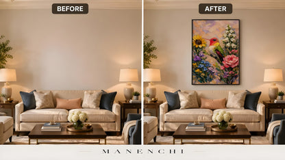 Hummingbird Garden Symphony original hand-painted abstract painting, before and after in a styled room