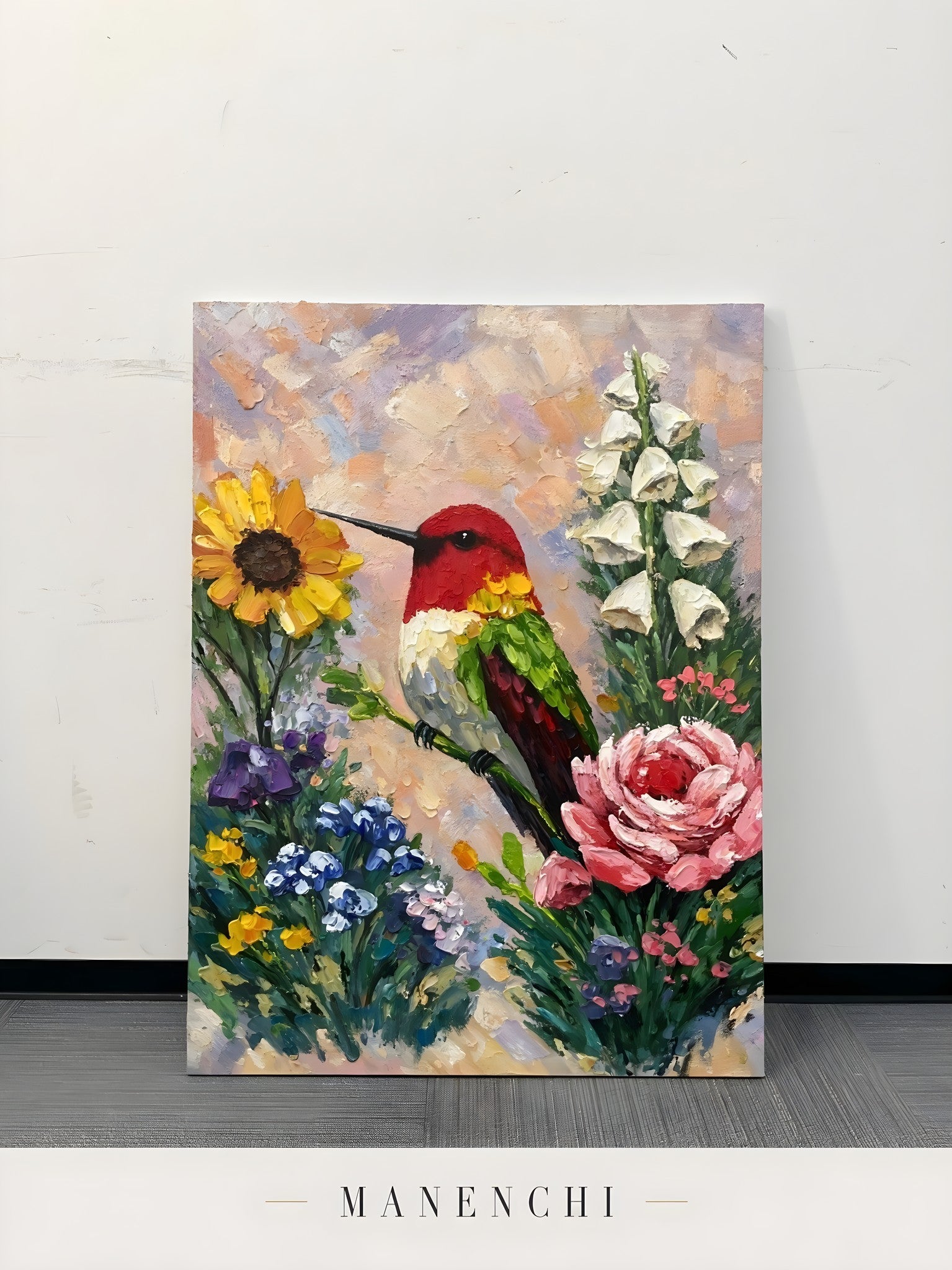 Hummingbird Garden Symphony abstract painting displayed in original oil painting