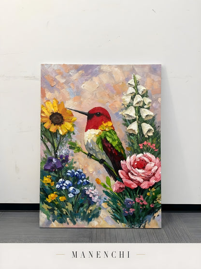 Hummingbird Garden Symphony abstract painting displayed in original oil painting