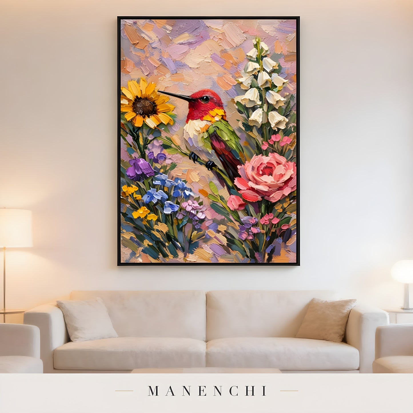 Hummingbird Garden Symphony - original hand-painted abstract painting by Manenchi