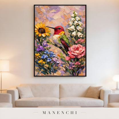 Hummingbird Garden Symphony - original hand-painted abstract painting by Manenchi