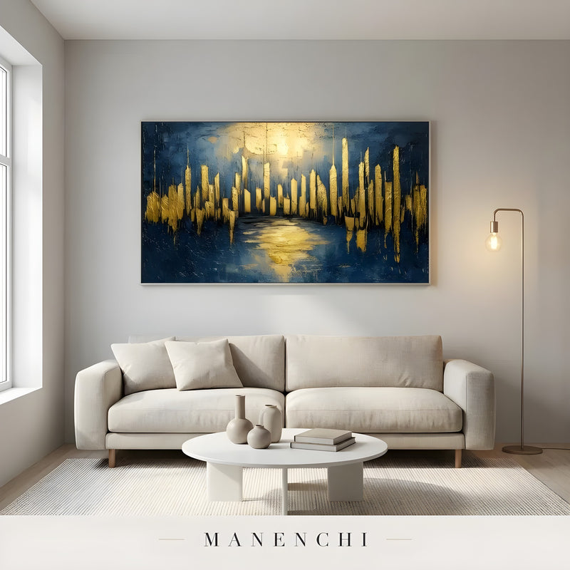 Indigo Gilded Pulse abstract painting displayed in bright minimalist living room