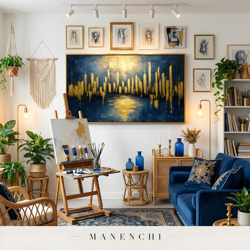 Indigo Gilded Pulse abstract painting displayed in creative artist studio interior