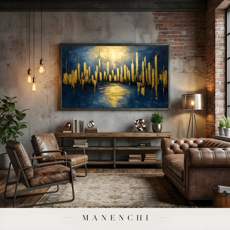 Indigo Gilded Pulse abstract painting displayed in industrial loft living room