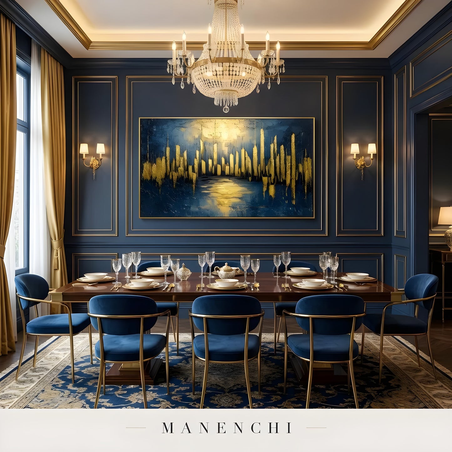 Indigo Gilded Pulse abstract painting displayed in luxury navy blue dining room