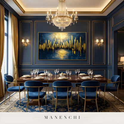 Indigo Gilded Pulse abstract painting displayed in luxury navy blue dining room