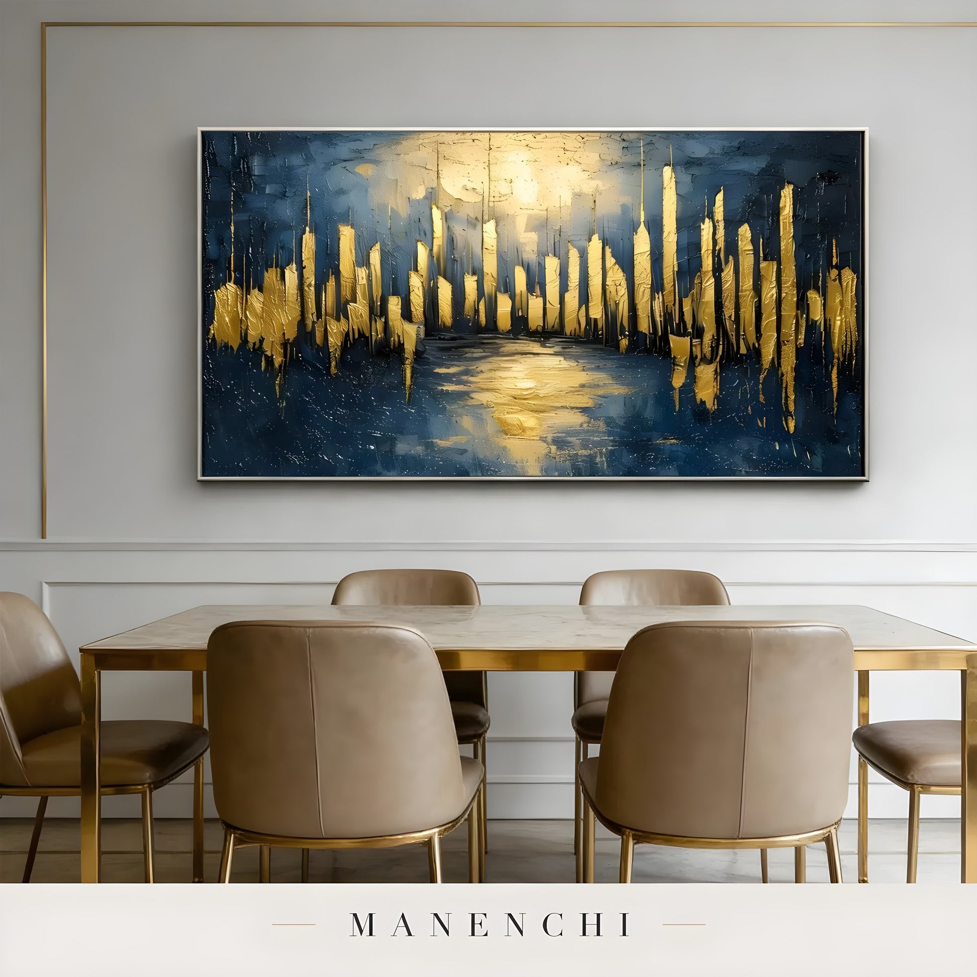Indigo Gilded Pulse abstract painting displayed in minimalist modern dining room