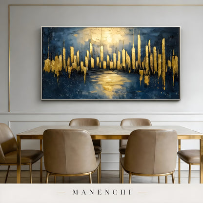 Indigo Gilded Pulse abstract painting displayed in minimalist modern dining room
