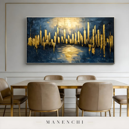 Indigo Gilded Pulse abstract painting displayed in minimalist modern dining room