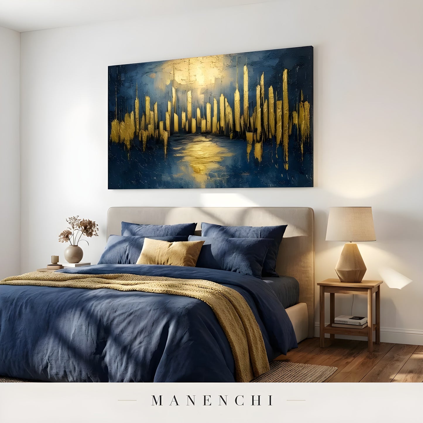 Indigo Gilded Pulse abstract painting displayed in modern bedroom blue bedding