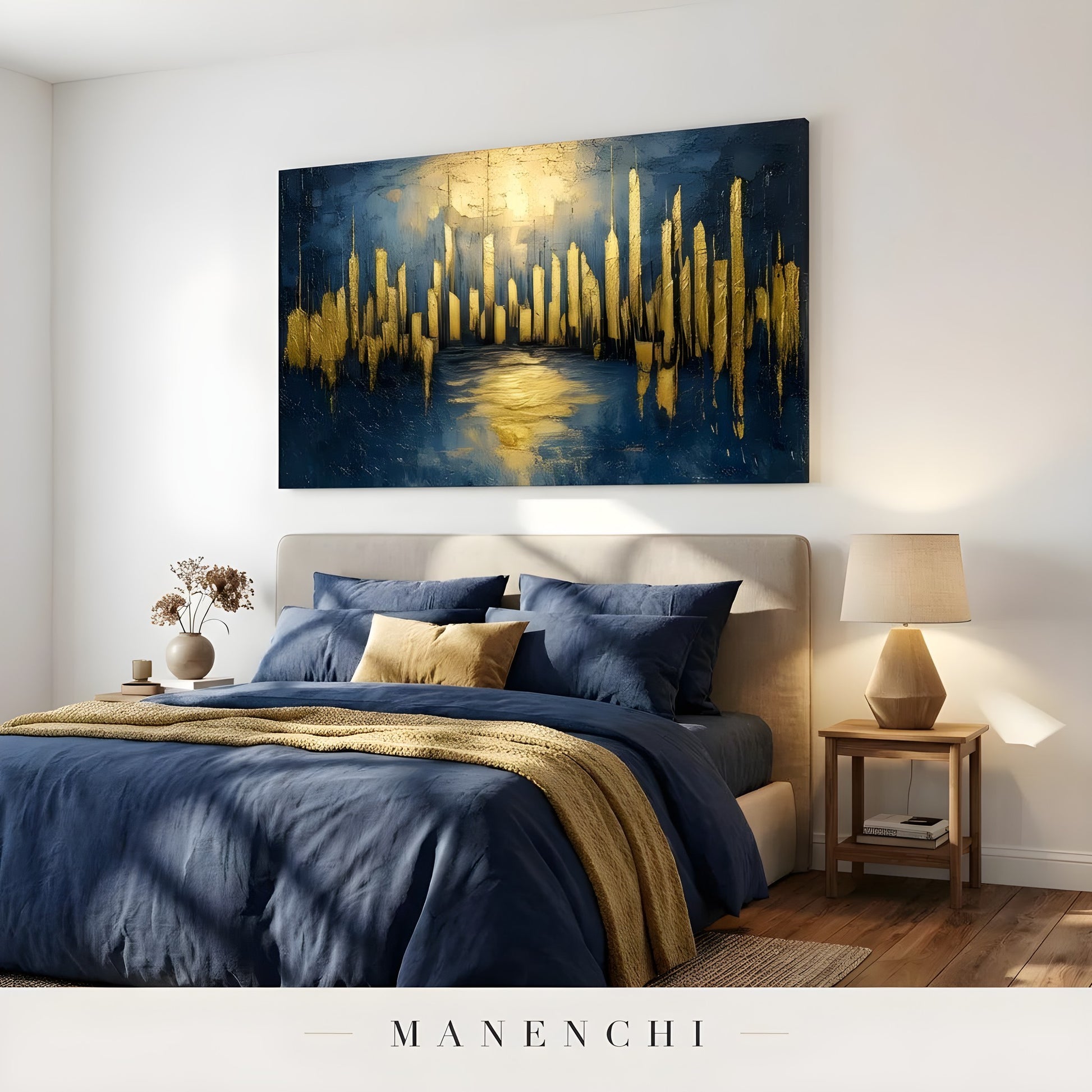 Indigo Gilded Pulse abstract painting displayed in modern bedroom blue bedding