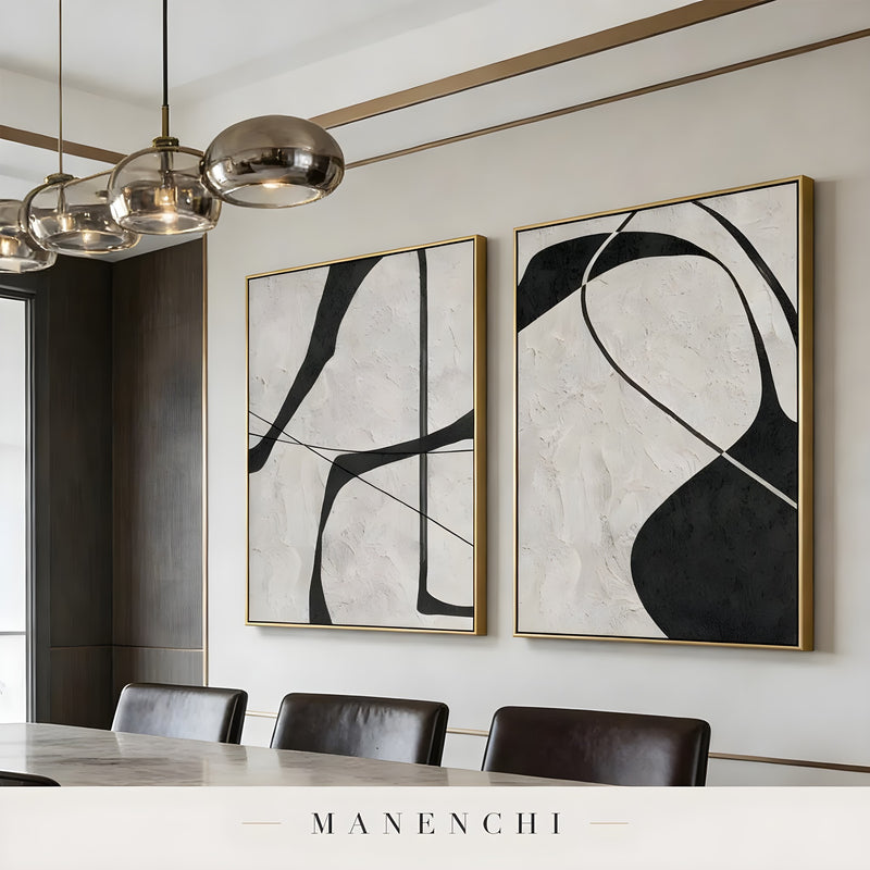 Ink Sculpted Curves abstract painting displayed in elegant dining room wall