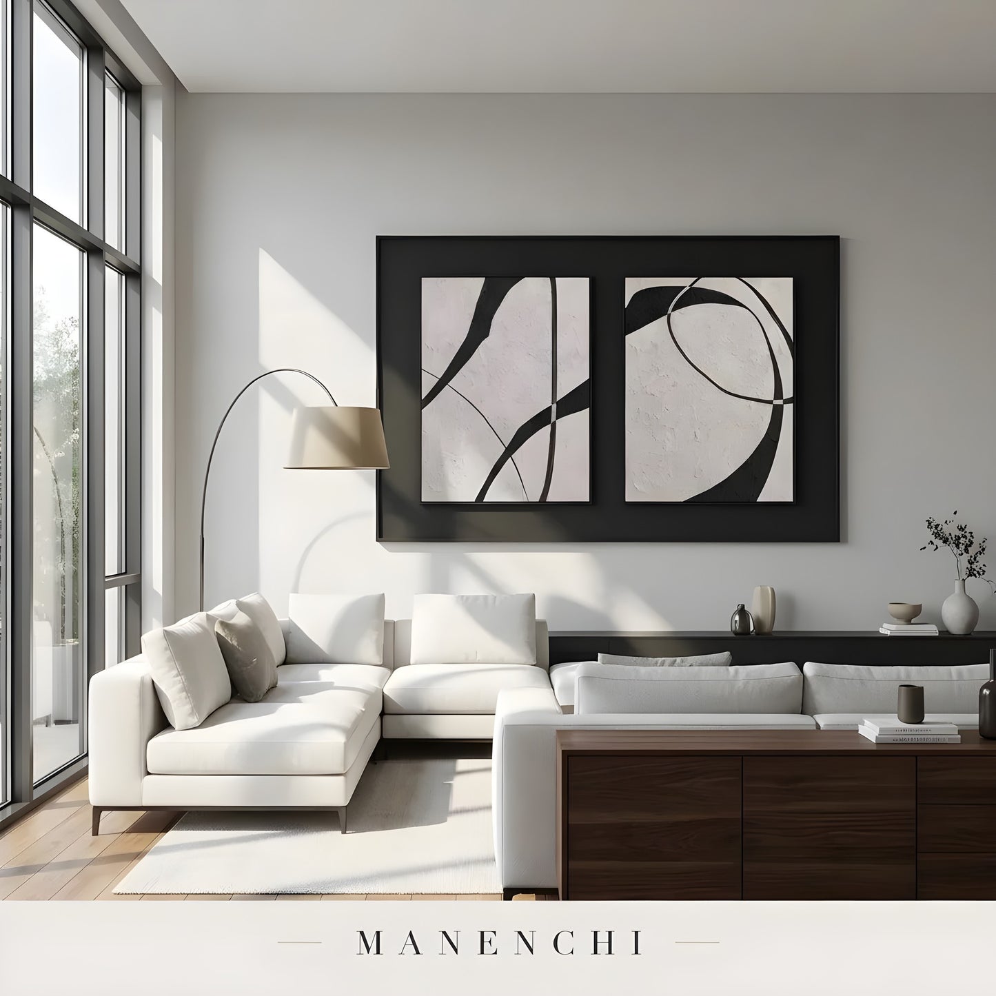 Ink Sculpted Curves abstract painting displayed in modern living room interior