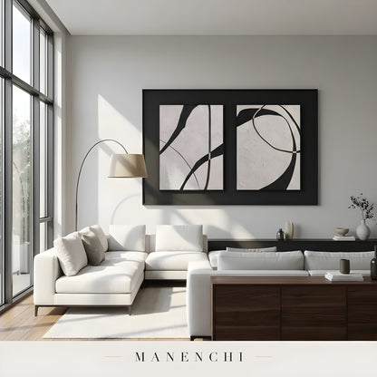 Ink Sculpted Curves abstract painting displayed in modern living room interior