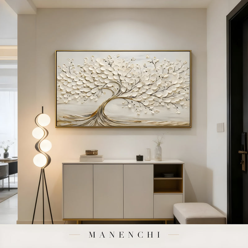 Ivory Arboreal Elegance abstract painting displayed in entryway console table art