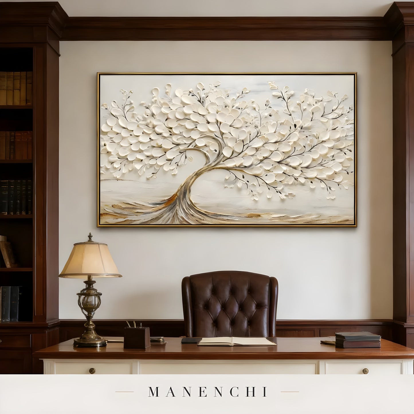 Ivory Arboreal Elegance abstract painting displayed in home office wall decor