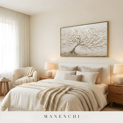 Ivory Arboreal Elegance abstract painting displayed in master bedroom wall art