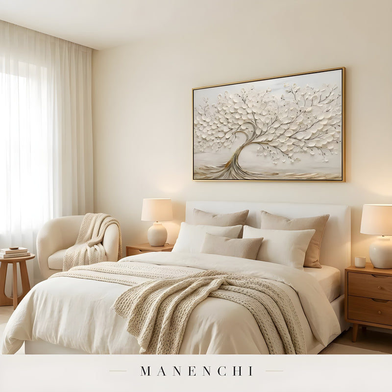Ivory Arboreal Elegance abstract painting displayed in master bedroom wall art