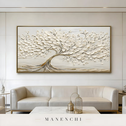 Ivory Arboreal Elegance abstract painting displayed in modern living room sofa