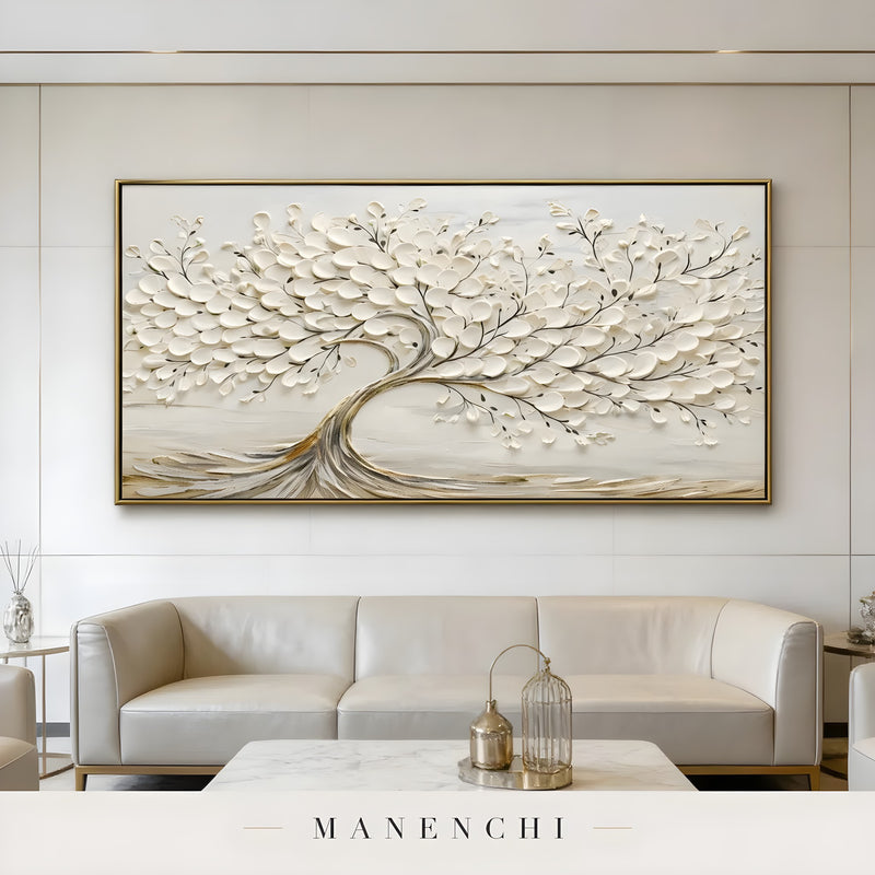 Ivory Arboreal Elegance abstract painting displayed in modern living room sofa