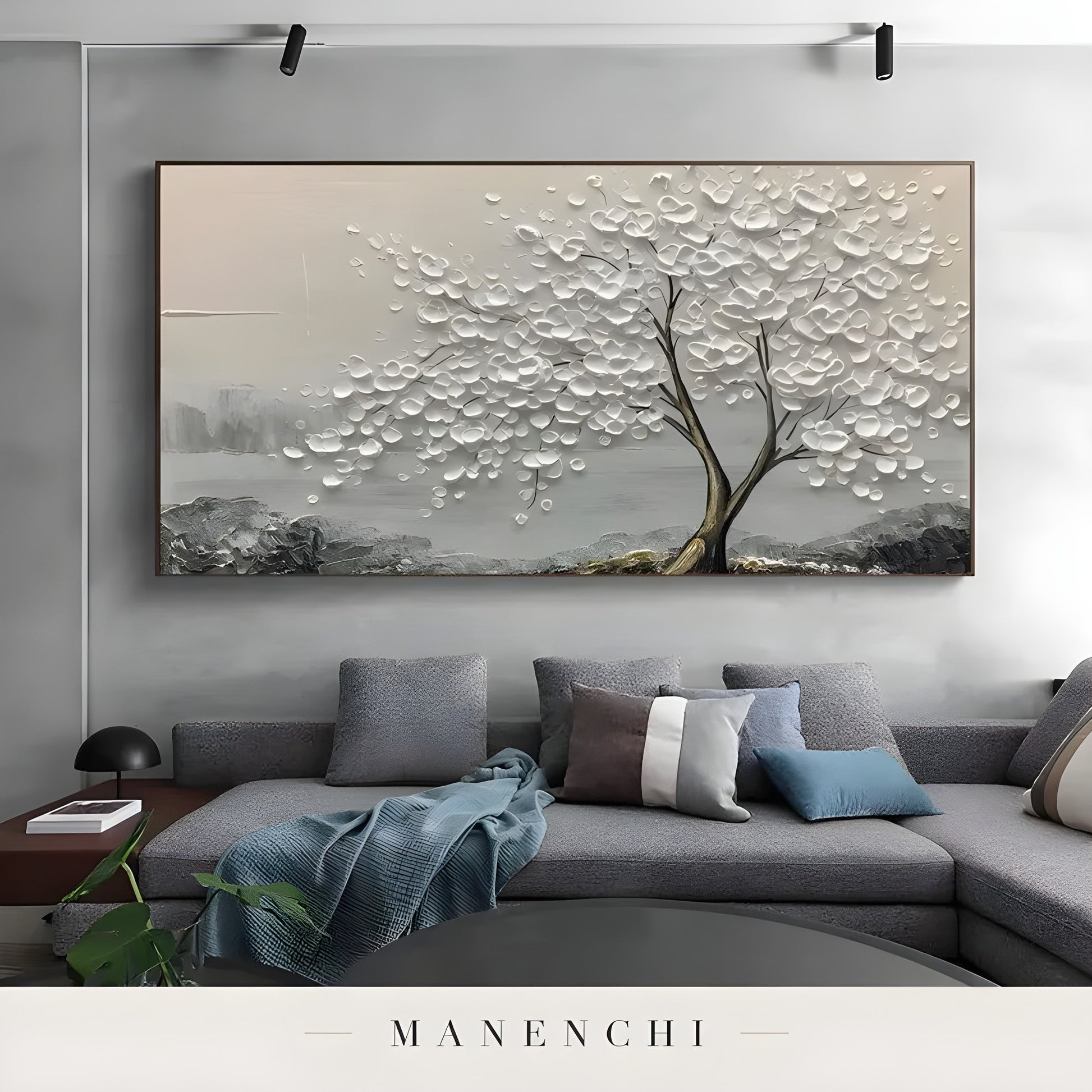 Ivory Arboreal Solace abstract painting displayed in contemporary living room interior