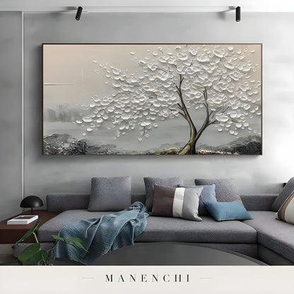 Ivory Arboreal Solace abstract painting displayed in contemporary living room interior