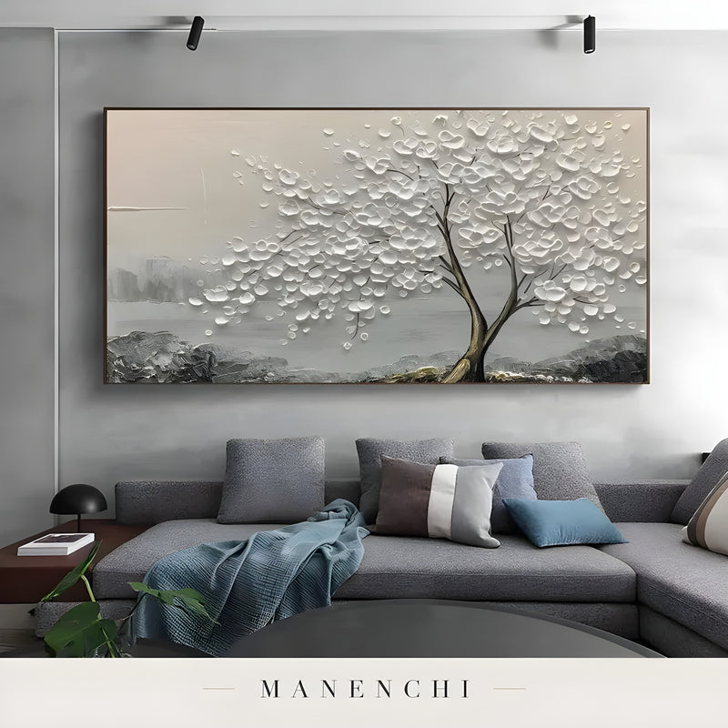 Ivory Arboreal Solace abstract painting displayed in contemporary living room interior
