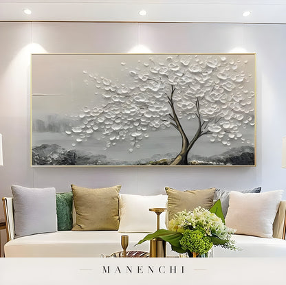 Ivory Arboreal Solace abstract painting displayed in gold framed artwork display