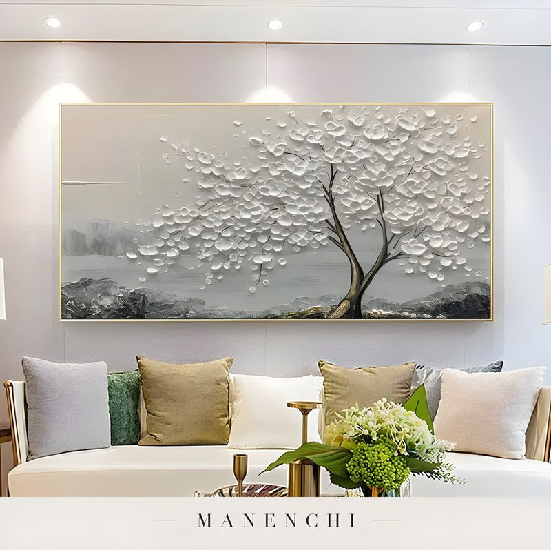 Ivory Arboreal Solace abstract painting displayed in gold framed artwork display