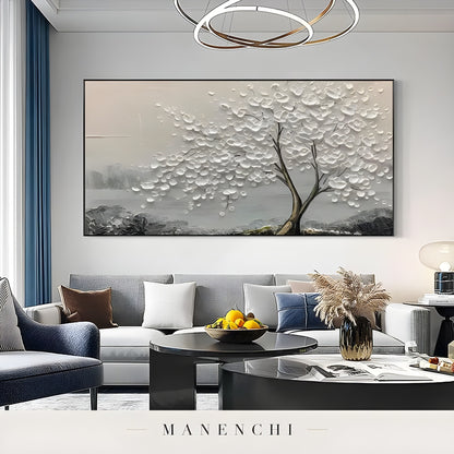 Ivory Arboreal Solace abstract painting displayed in living room sofa decor