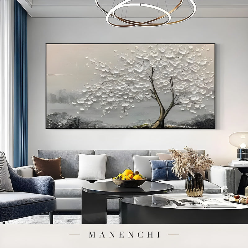 Ivory Arboreal Solace abstract painting displayed in living room sofa decor