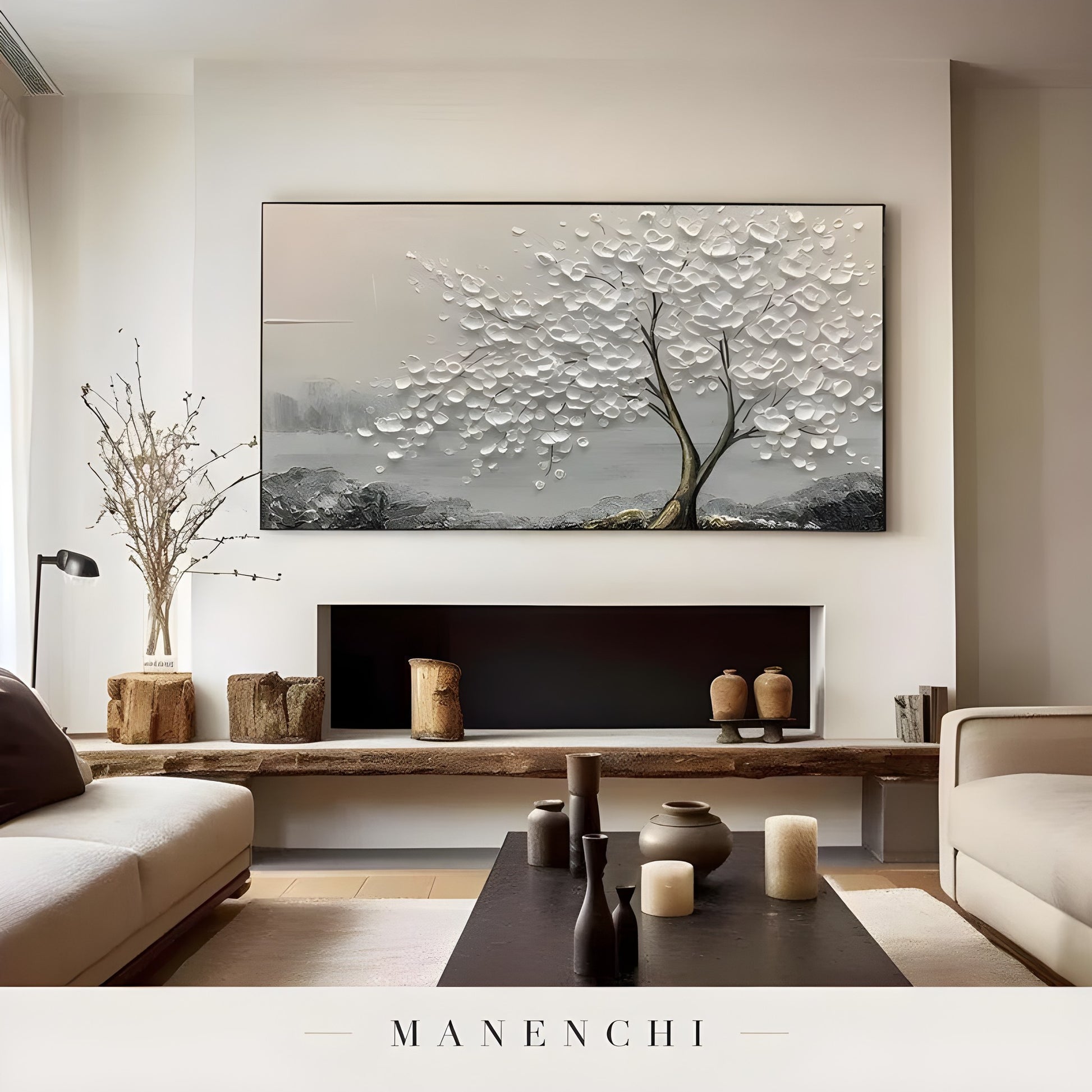 Ivory Arboreal Solace - original hand-painted abstract painting by Manenchi