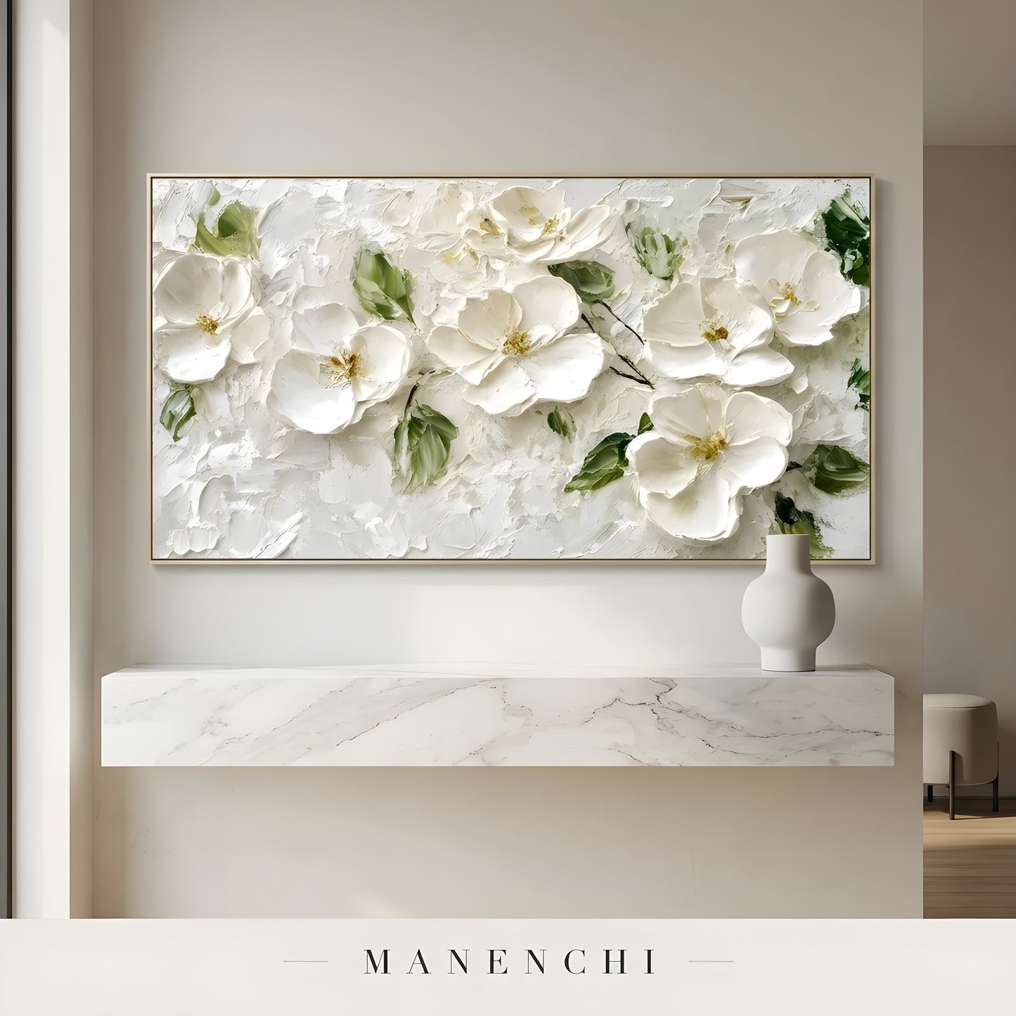 Ivory Bloom Soliloquy abstract painting displayed in wall art room setting