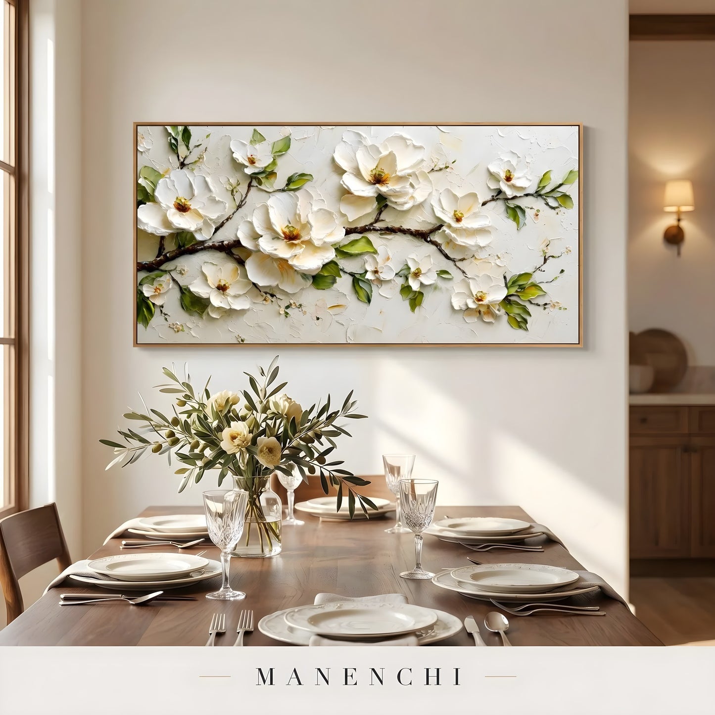 Ivory Blossom Solitude abstract painting displayed in dining room table setting