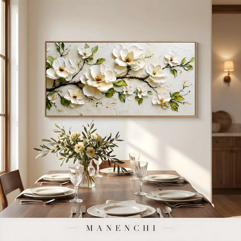 Ivory Blossom Solitude abstract painting displayed in dining room table setting