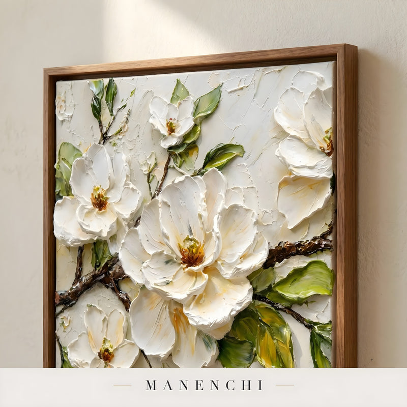 Ivory Blossom Solitude abstract painting displayed in framed canvas side view