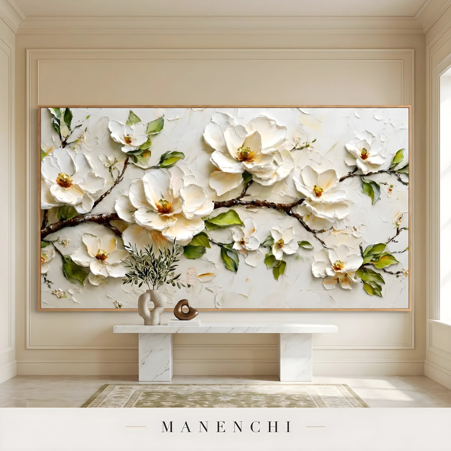 Ivory Blossom Solitude abstract painting displayed in hallway console table display