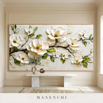 Ivory Blossom Solitude abstract painting displayed in hallway console table display