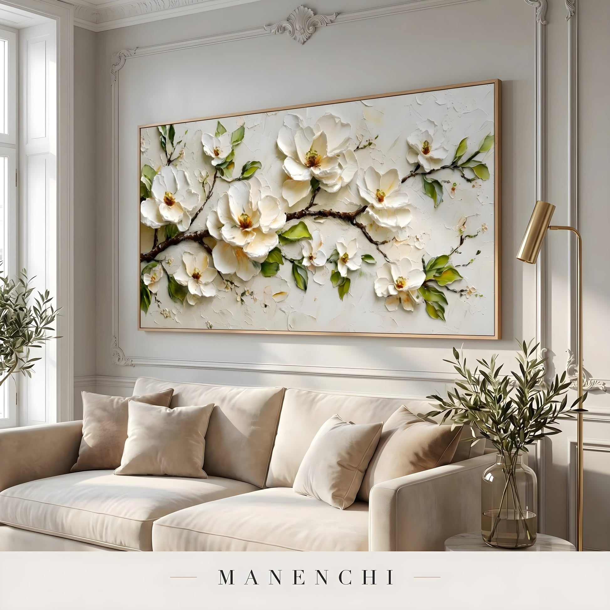 Ivory Blossom Solitude abstract painting displayed in living room sofa decor
