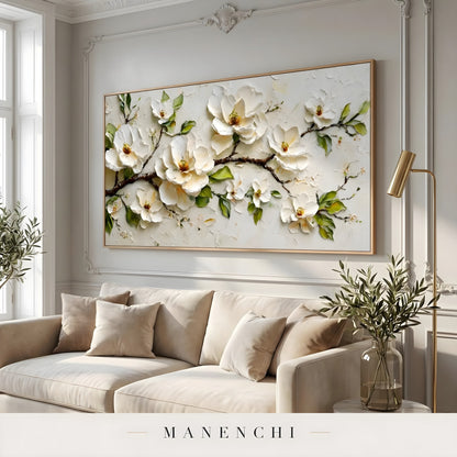Ivory Blossom Solitude abstract painting displayed in living room sofa decor