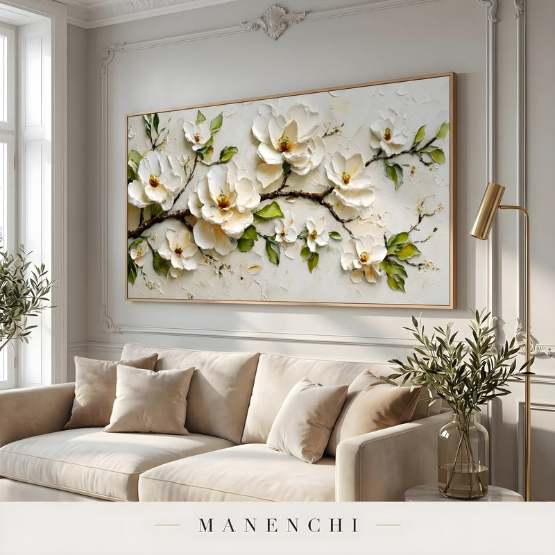 Ivory Blossom Solitude abstract painting displayed in living room sofa decor