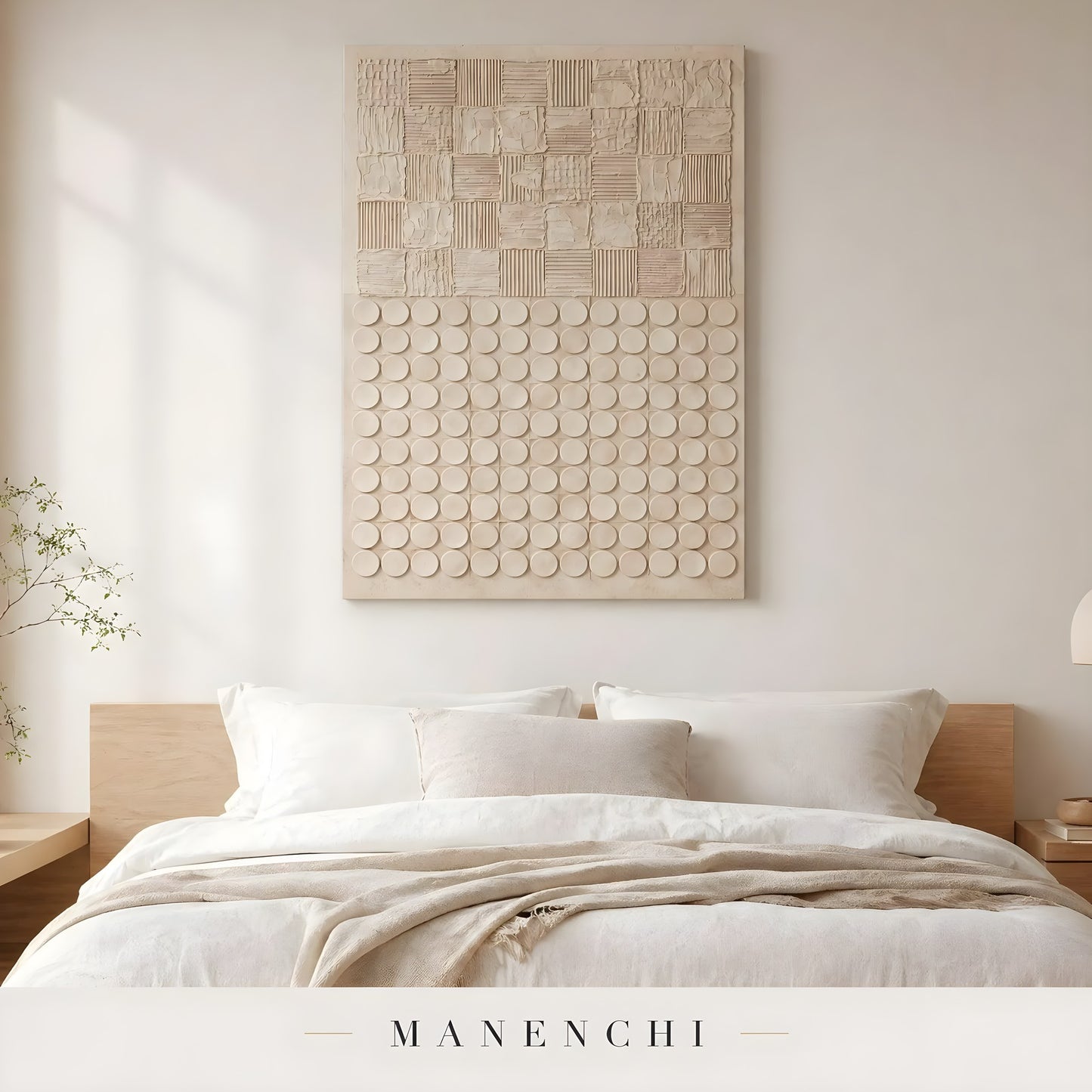 Ivory Geometric Relief abstract painting displayed in bedroom wall art