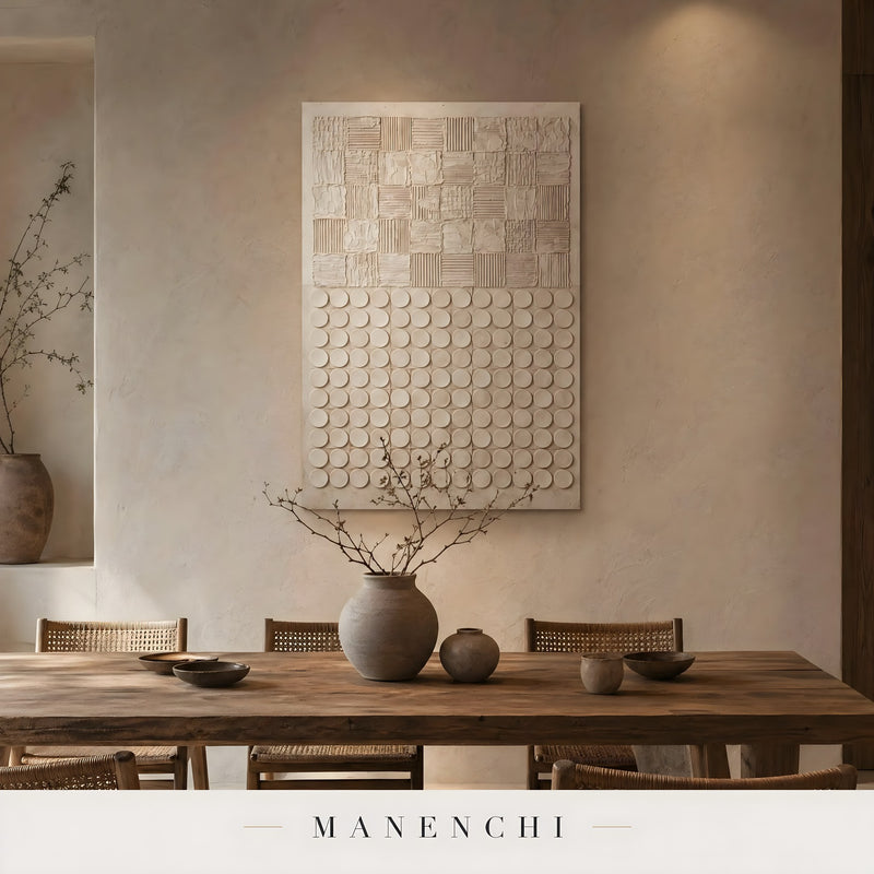 Ivory Geometric Relief abstract painting displayed in dining room interior
