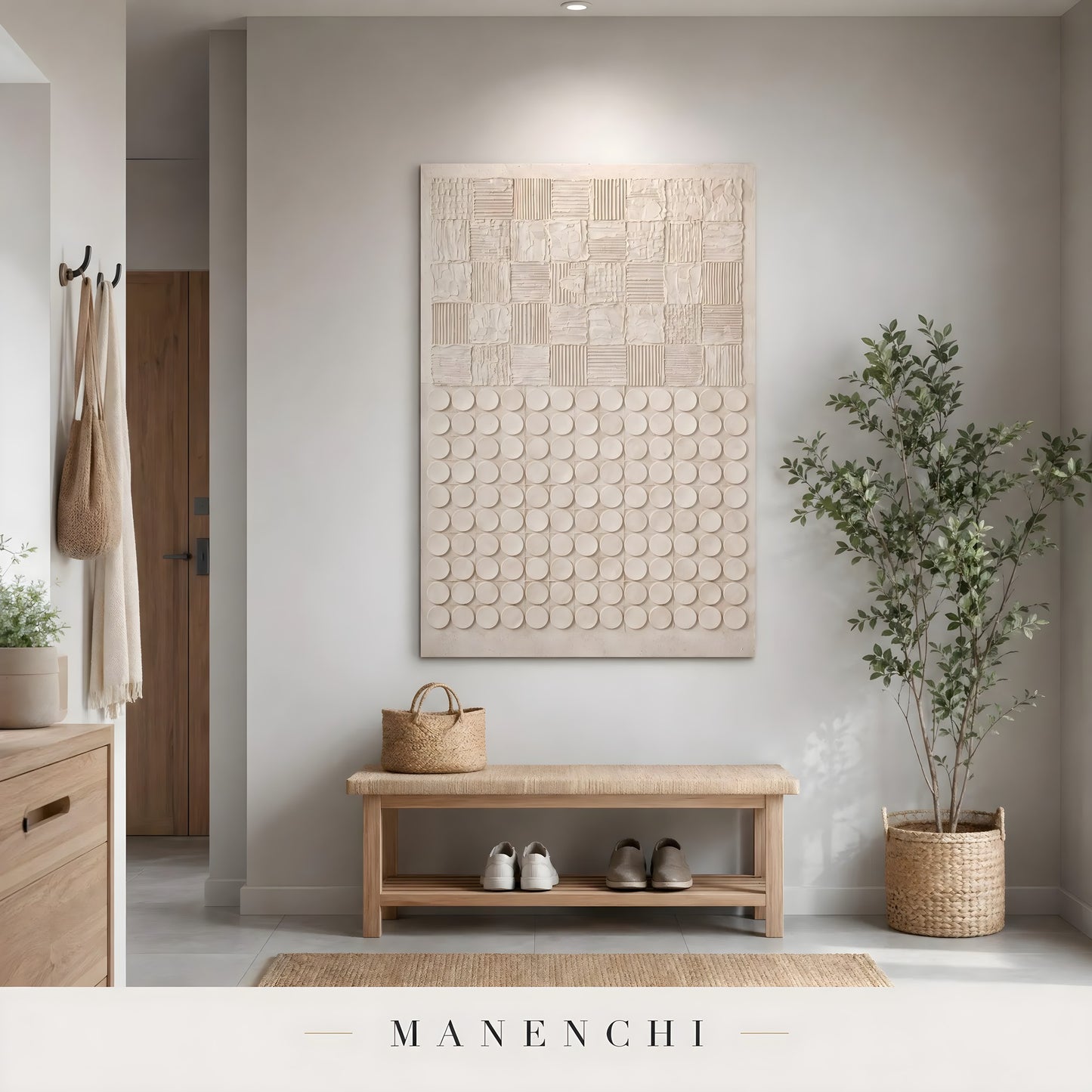 Ivory Geometric Relief abstract painting displayed in entryway home decor