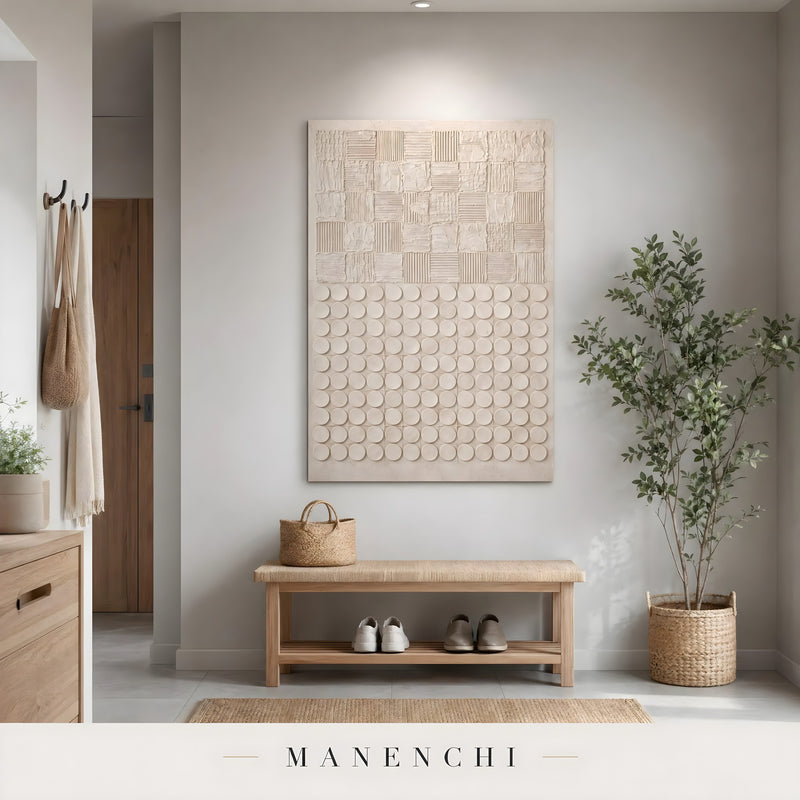 Ivory Geometric Relief abstract painting displayed in entryway home decor