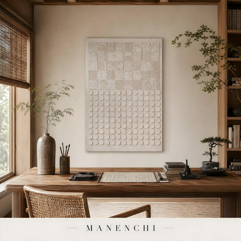 Ivory Geometric Relief abstract painting displayed in home office decor