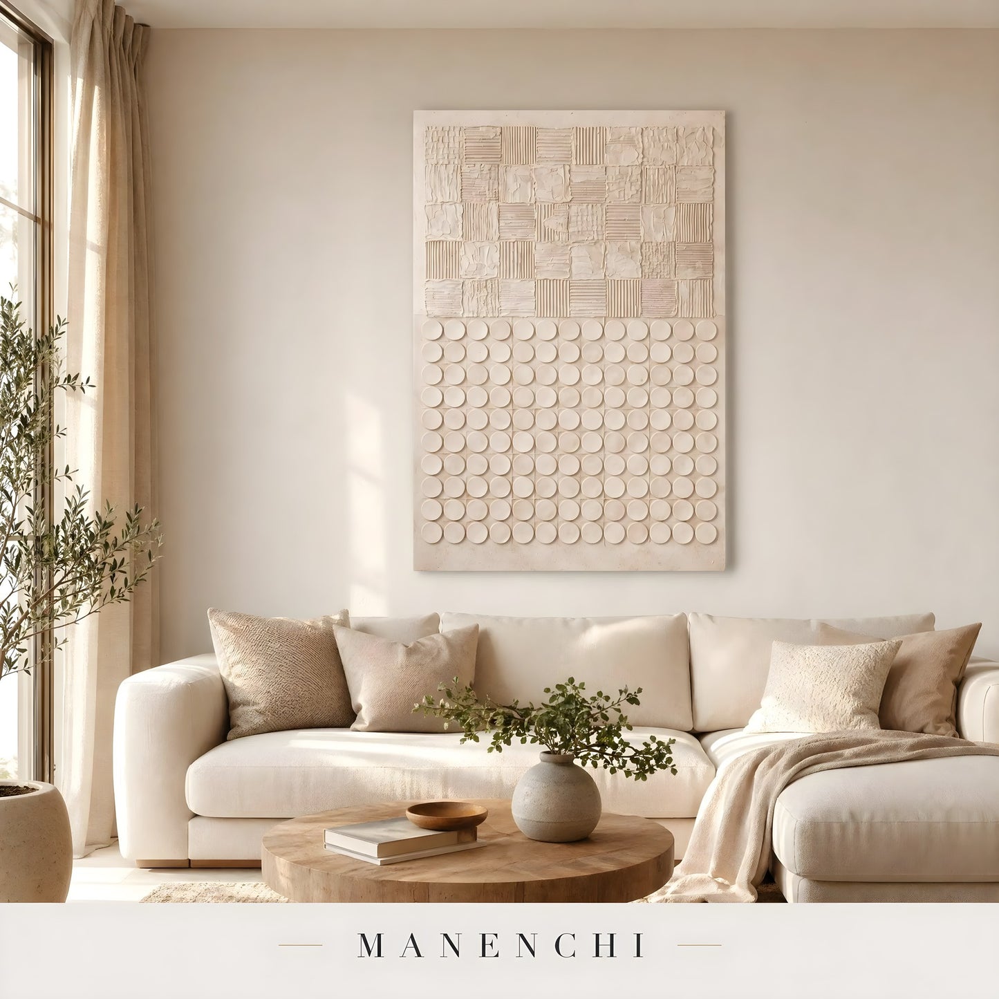 Ivory Geometric Relief abstract painting displayed in minimalist living room