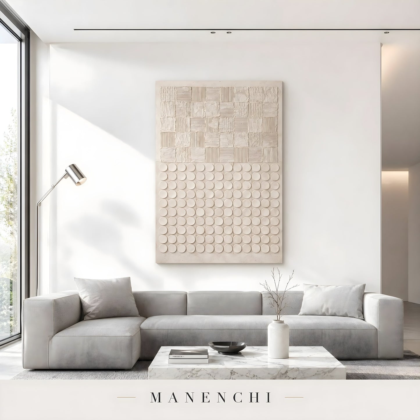 Ivory Geometric Relief abstract painting displayed in modern living room