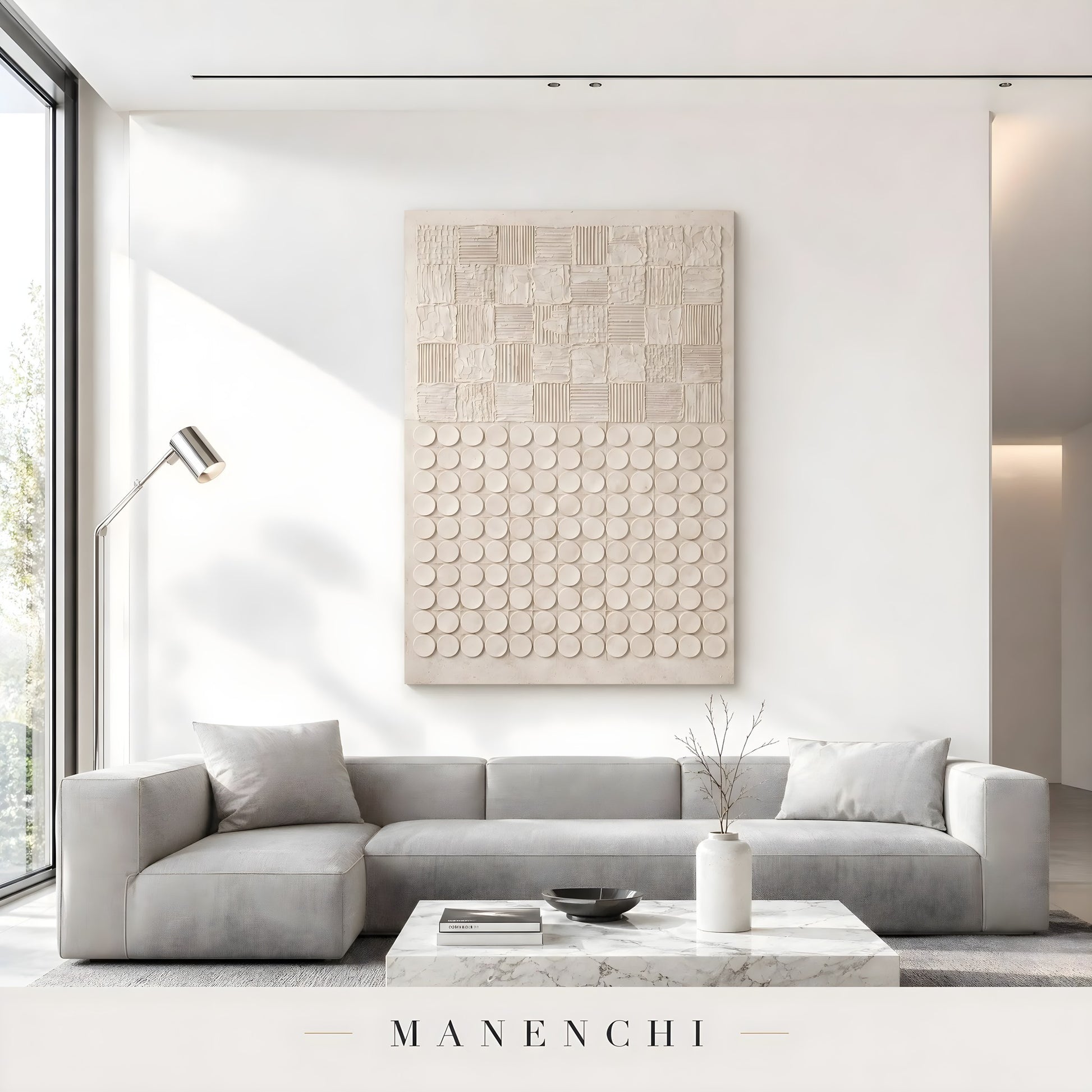 Ivory Geometric Relief abstract painting displayed in modern living room
